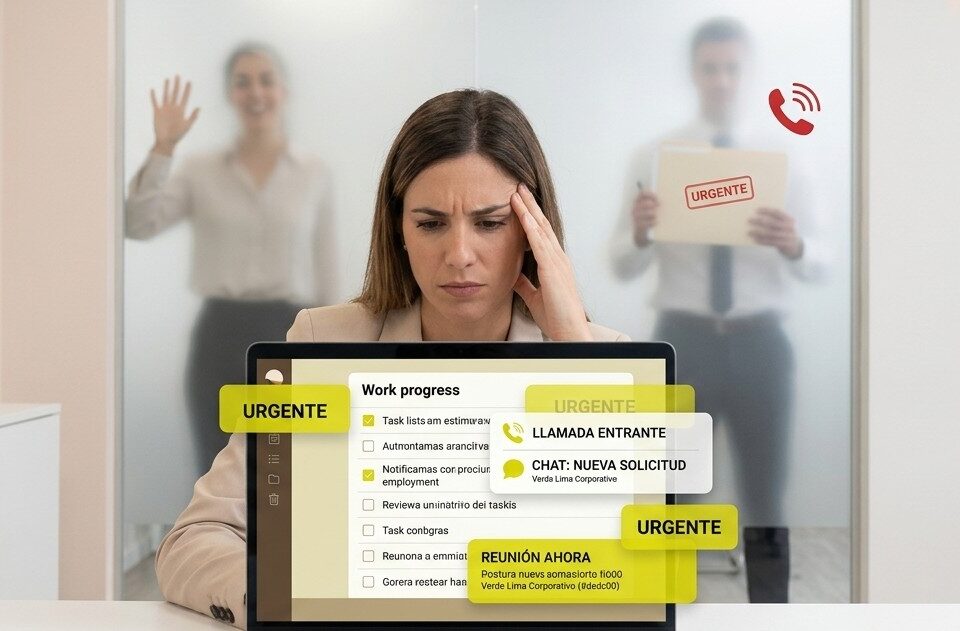 Profesional trabajando frente al ordenador rodeado de múltiples interrupciones, representando la pérdida de foco y la sobrecarga mental.