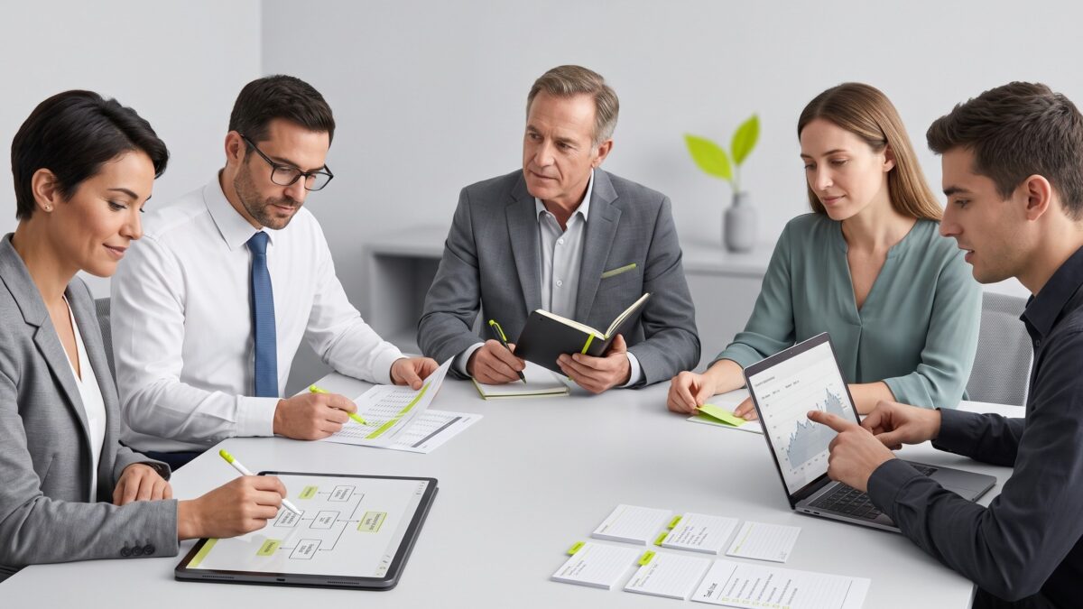 Equipo de trabajo colaborando en una reunión profesional con diferentes formas de participación