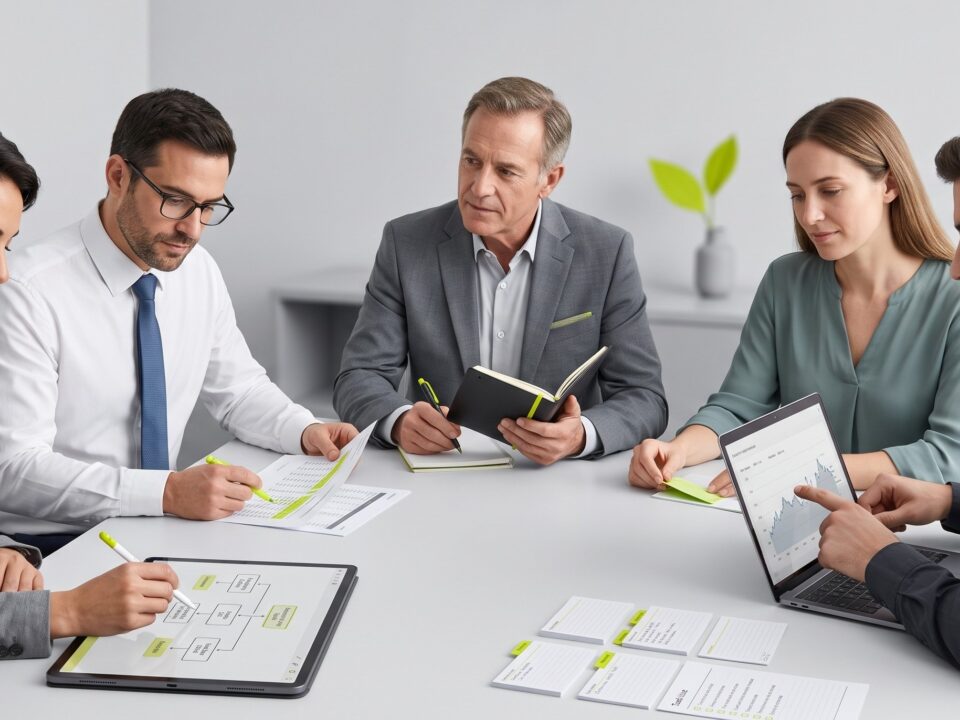 Equipo de trabajo colaborando en una reunión profesional con diferentes formas de participación
