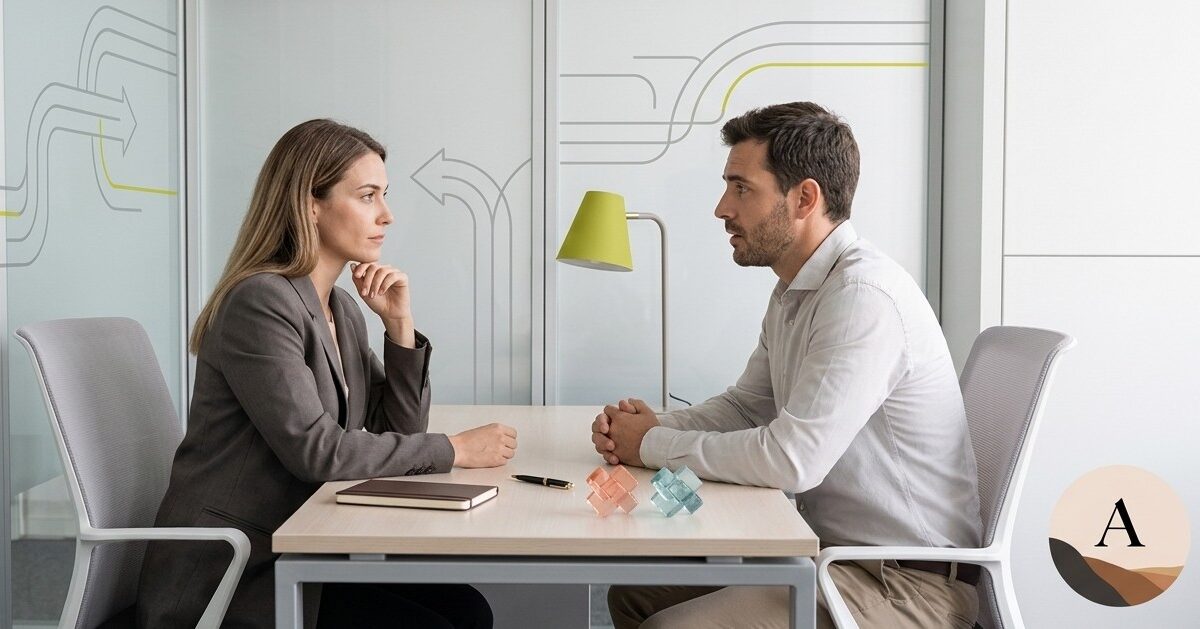Conversación profesional entre un responsable y un colaborador en un entorno de trabajo