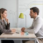 Conversación profesional entre un responsable y un colaborador en un entorno de trabajo