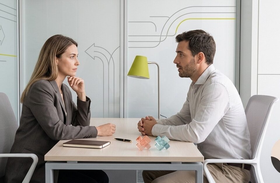 Conversación profesional entre un responsable y un colaborador en un entorno de trabajo